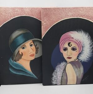 Acrylic Artwork Hand Painted 20's Flapper Women on Canvas Pair 9 3/8" x 11 3/4"